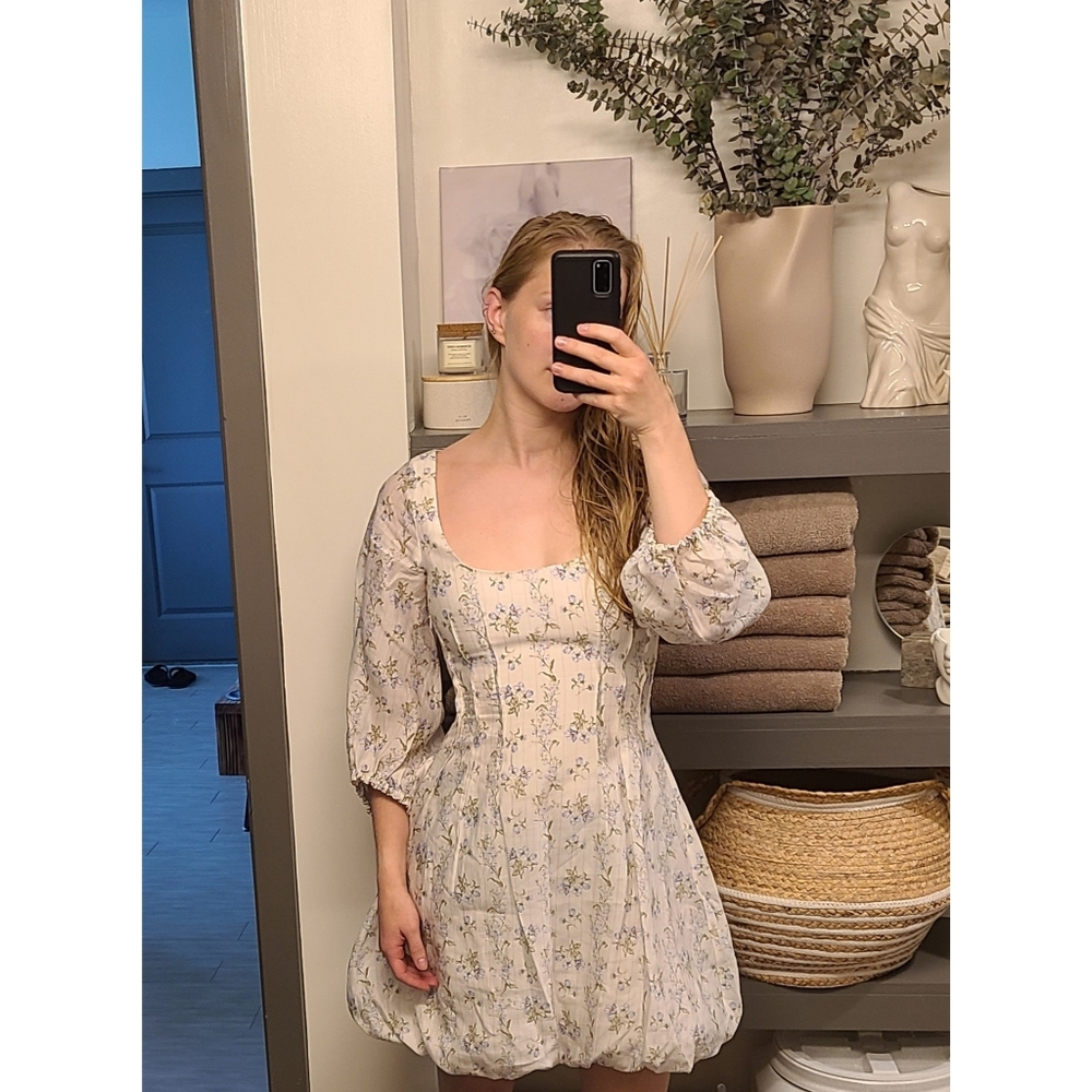 Brock Collection X H&M Floral Striped Puff Sleeve Square Neck White Dress
